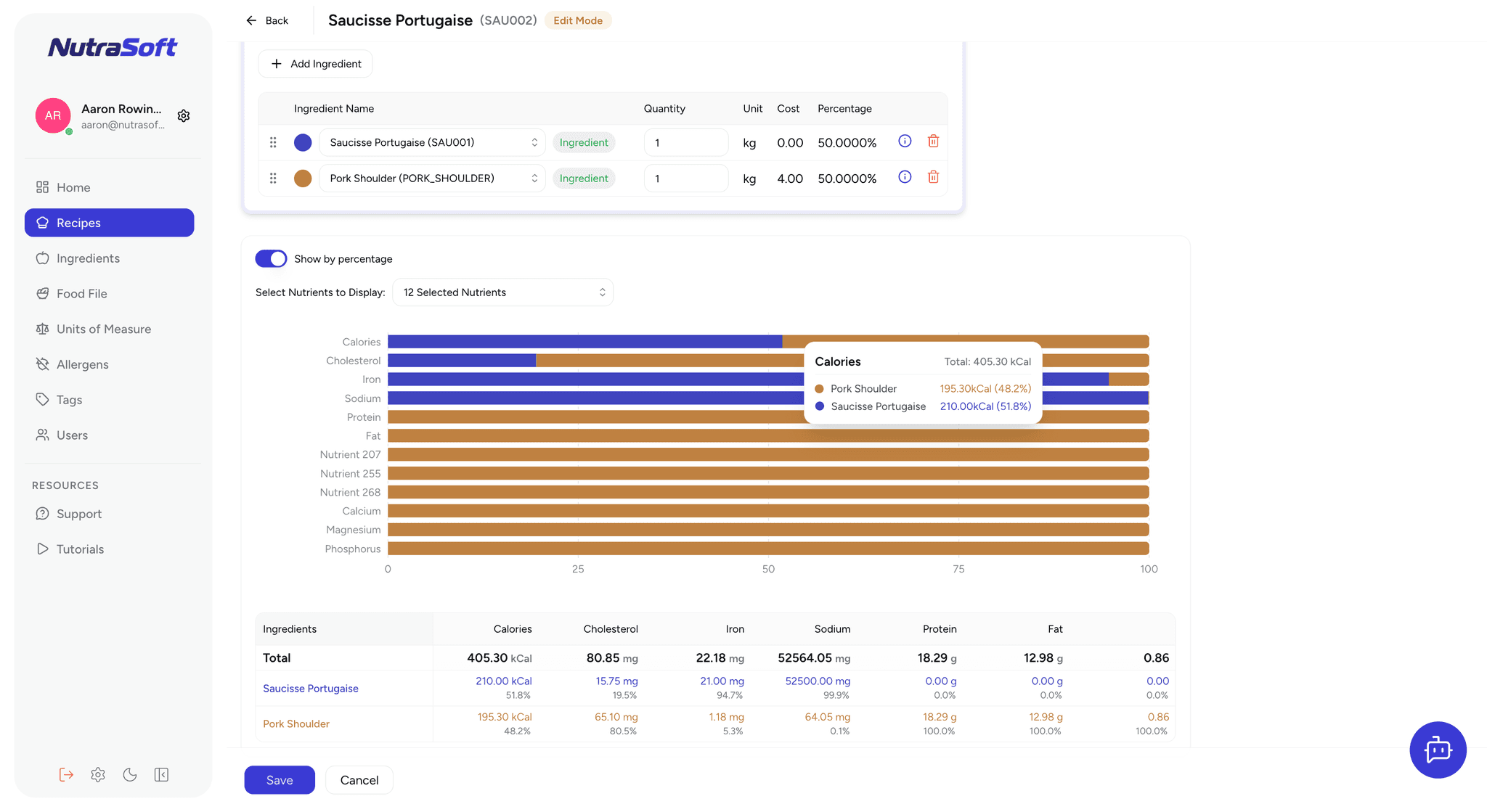 Nutrition Analysis Software interface